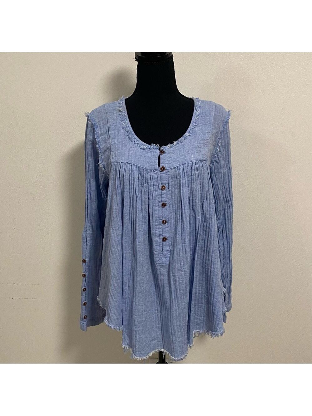 Free People Shirt Womens Size Small Baby Blue Sand Dune Cotton Texturd Raw Tunic